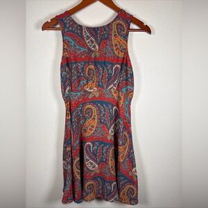 Free People Fit And Flare Paisley Orange Blue Dress 6 Boho Sleeveless